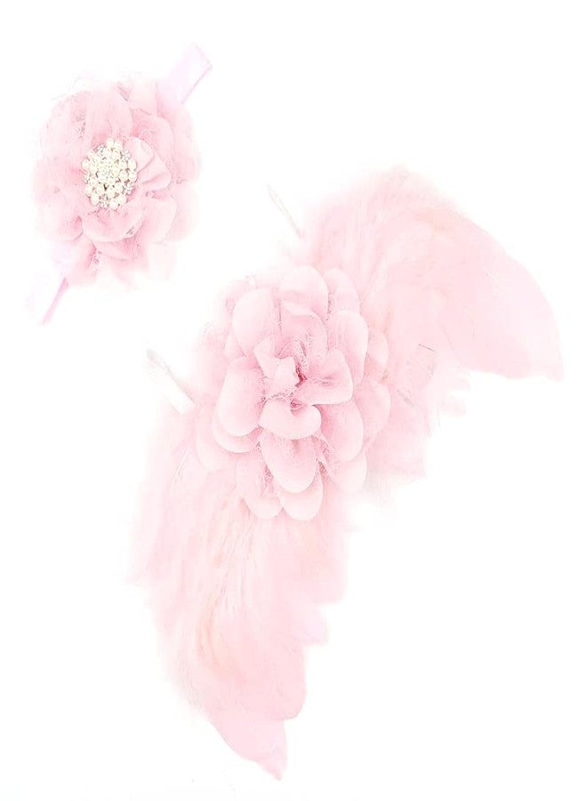 Nishine Pink Newborn Fuzzy Feather Angel Wings + Headband Set for Baby Cosplay Girls Costume Photography (lace flower) - Image 1